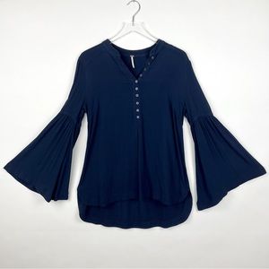Free People Easy Girl Black Bell Sleeve 1/4 Button Tunic Blouse Top